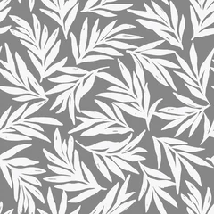 Behang Grijs naadloos abstract patroon met witte bladeren op grijs, vector
