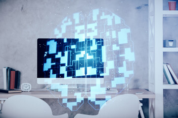 Multi exposure of data theme drawing and office interior background. Concept of technology.