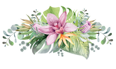 Watercolor floral frame. Frame from tropical flowers and leaves. Plants of Australia and Africa. For design holiday cards, birthday, wedding, valentine's day.