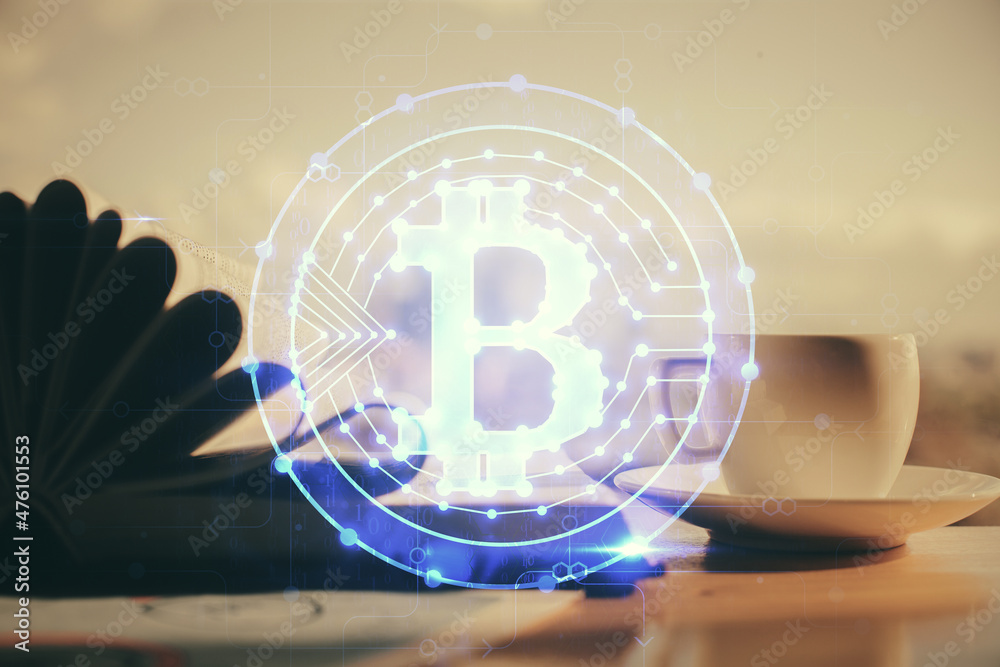 Aufkleber Double exposure of crypto technology drawing and desktop with coffee and items on table background. Concept of blockchain