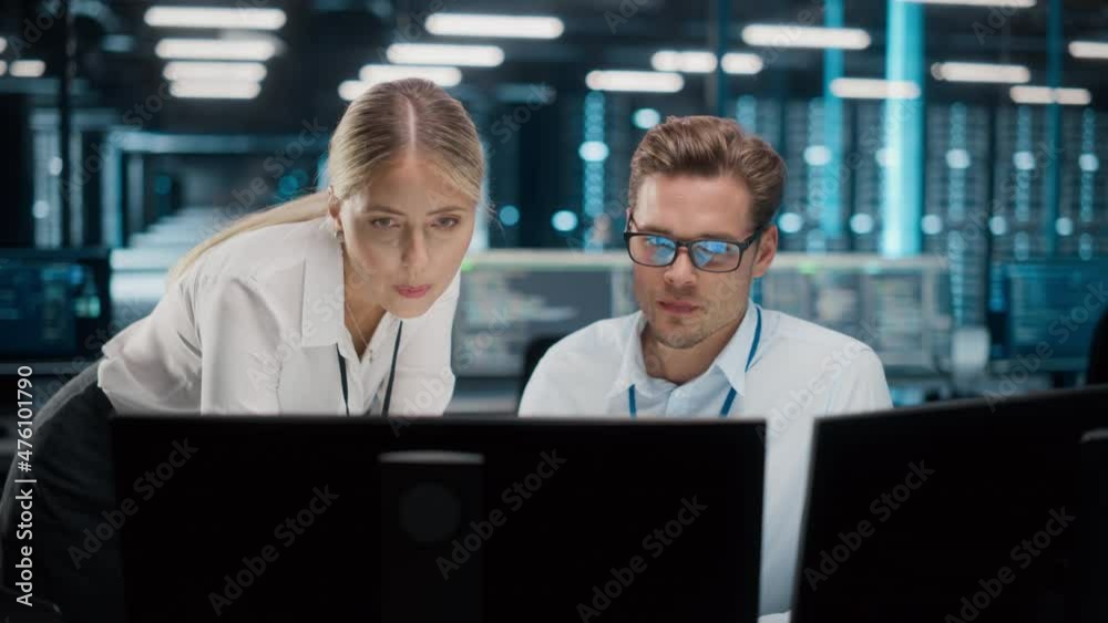 Poster Information Technology Specialist Working on Personal Computer Talks with System Administration Manager, Monitoring Web Services, Cloud Computing Facility, Performing Maintenance and Cyber Security