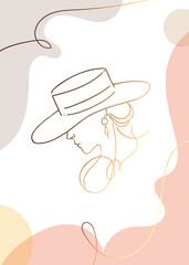 Poster with a minimal face of a woman with a hat. Line drawing style. Golden silhouette