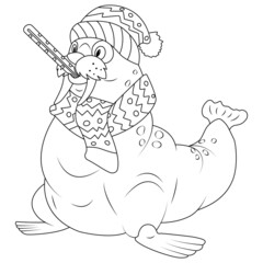 Coloring book for children. A walrus in a hat and scarf measures the temperature. The task for children can be used in a book, magazine.