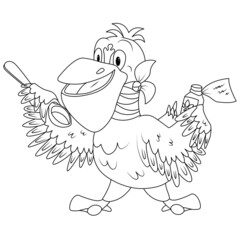 Coloring book for children. A pelican with a sore throat drinks medicine from a spoon. The task for children can be used in a book, magazine.