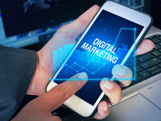 Digital Marketing Concept Background with Futuristic Hud on Mobile Screen. Future of Marketing backdrop