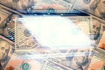 Double exposure of data theme drawing over us dollars bill background. Technology concept.