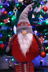 Świąteczny skrzat, krasnal na tle choinki. A Christmas gnome, a leprechaun with a Christmas tree background. - obrazy, fototapety, plakaty