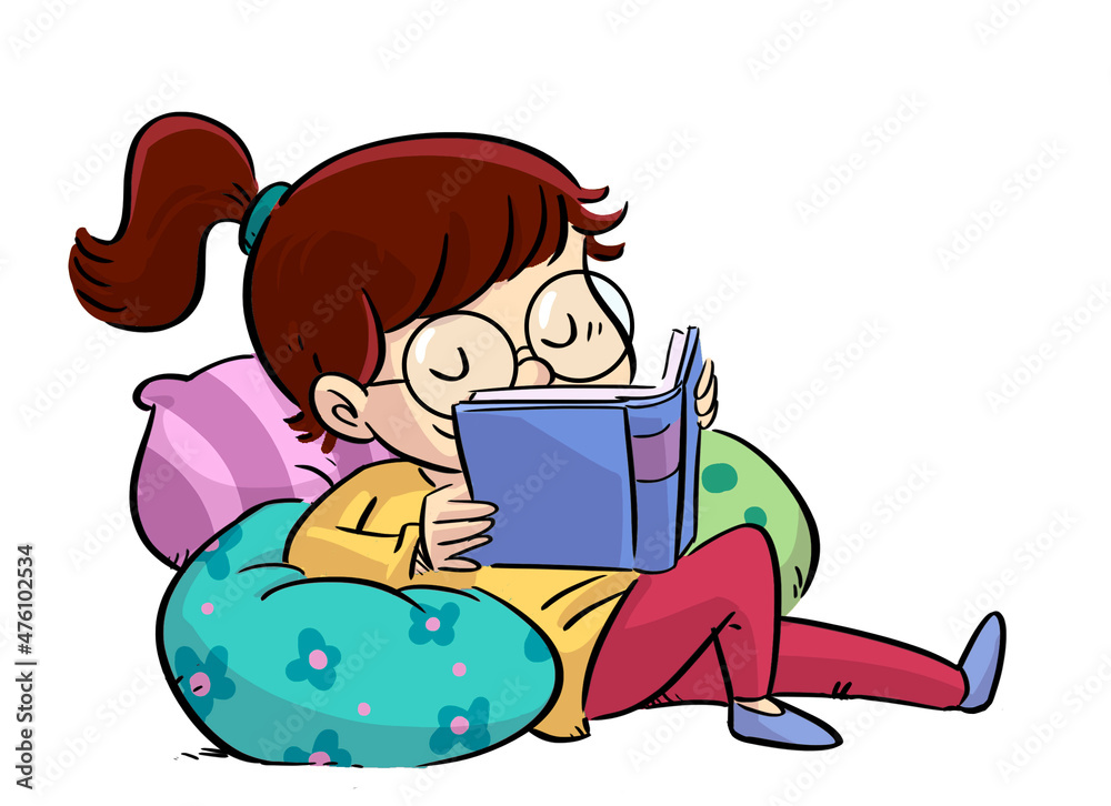 Wall mural illustration of little girl wearing glasses reading between cushions