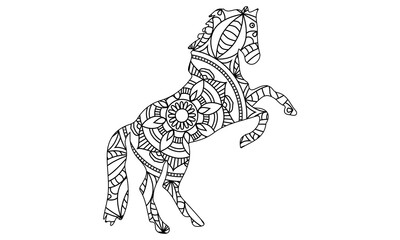 Fototapeta na wymiar Hand drawnrunning horse for adult anti stress Coloring Page with high details isolated on white background, illustration in zentangle style. Vector monochrome sketch.