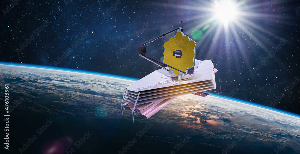 Poster James Webb space telescope in outer space on orbit of Earth. Elements of this image furnished by NASA