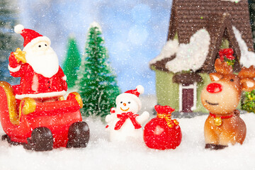 christmas greeting card, santa claus, snowman and reindeer with gifts on sleigh, concept