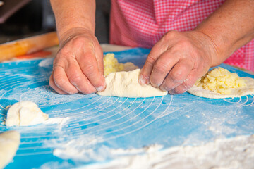mom makes pies with potatoes out of dough. High quality photo