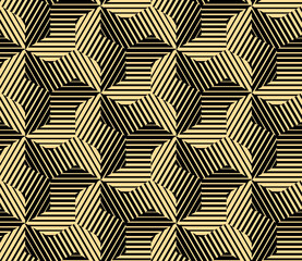 Abstract geometrisch patroon met strepen, lijnen. Naadloze vectorachtergrond. Goud en zwart ornament. Eenvoudig rooster grafisch ontwerp