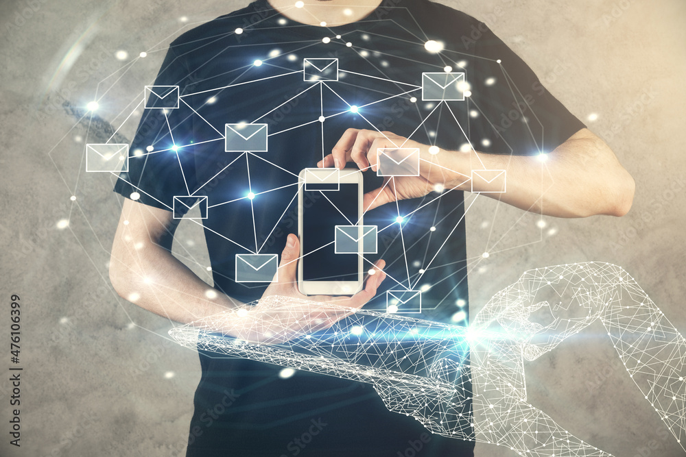 Poster Double exposure of man's hands holding and using a digital device and envelop hologram drawing. E-mail concept.