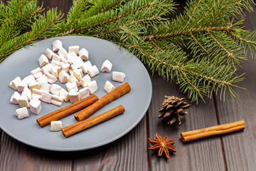 Marshmallows and cinnamon sticks in ceramic plate.