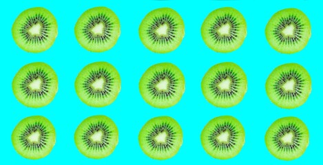 Kiwi slices pattern, top view of kiwi slices on colorful background.