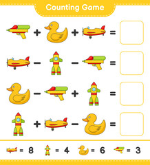 Count and match, count the number of Plane, Rocket, Rubber Duck, Water Gun and match with the right numbers. Educational children game, printable worksheet, vector illustration
