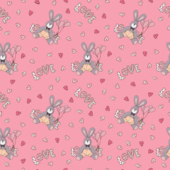 Seamless pattern with funny rabbits and hearts on a pink background. Doodle style.