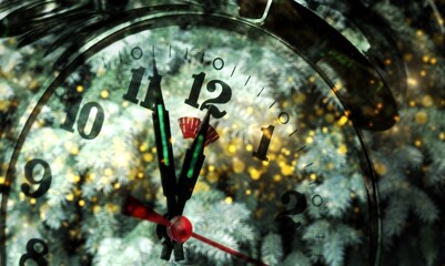 New Year banner with clock. Neon holiday lights. New Year and Christmas 2021. Winter holiday background.