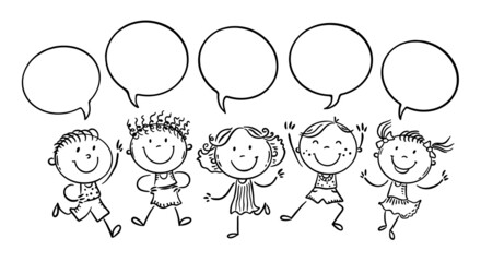 Happy kids in a row with speech bubbles, outline stick figure