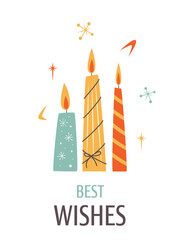 Minimalistic Greeting card with three candles and Best Wishes text in Vintage design style. Mid Century Modern Vector Illustrations. Seasons greeting