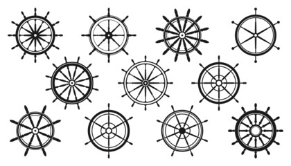 Collection of vintage steering wheels. Ship, yacht retro wheel symbol. Nautical rudder icon. Marine design element. Vector illustration