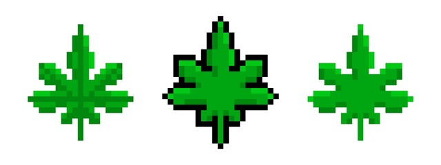 Pixel green hemp leaves set. Pixelated marijuana with narcotic relaxing effect natural ganja with medicinal vector effect