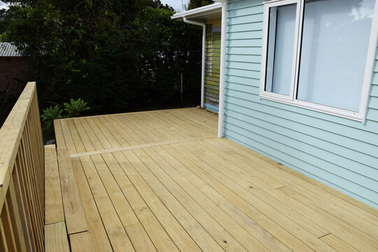 A brand new deck on a residential home awaiting oiling or staining