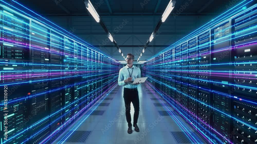 Leinwandbilder Futuristic Animated Concept: Big Data Center Chief Technology Officer Using Laptop Standing In Warehouse, Information Digitalization Lines Streaming Through Servers. SAAS, Cloud Computing, Web Service