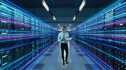 Futuristic Animated Concept: Big Data Center Chief Technology Officer Using Laptop Standing In Warehouse, Information Digitalization Lines Streaming Through Servers. SAAS, Cloud Computing, Web Service - Powered by Adobe