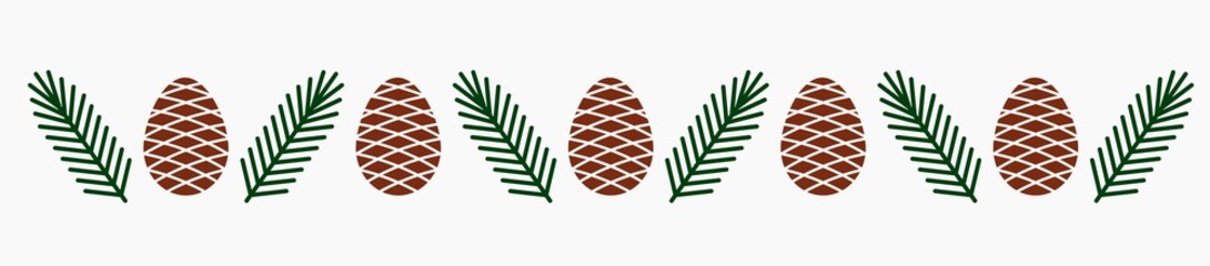 Spruce tree cones and branches pattern border.