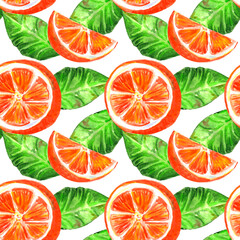 Seamless watercolor illustration of orange and citrus slices and leaves. Wallpaper, wrapping paper, textiles.