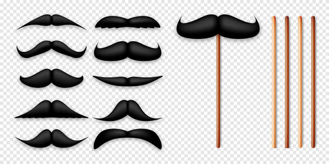 Realistic black mustache on a wooden stick. Fake paper mustache isolated on white background. Fashionable facial hair. Vintage design element. Creative vector illustration. © 32 pixels