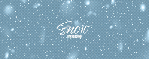 Realistic falling snow with snowflakes. Blue winter background for Christmas or New Year card. Frost storm effect. Vector illustration.