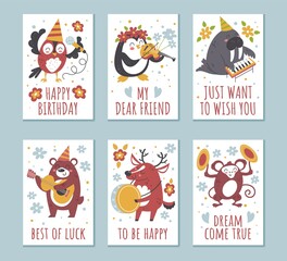 Animals birthday greeting cards. Cartoon characters play different musical instruments. Congratulate kids holiday. Jazz band. Monkey or wild deer with flowers and text. Vector postcards set
