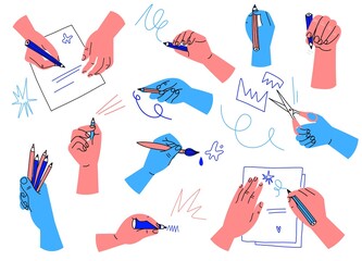 Hands hold stationery. Arms hold pencils and brushes. Isolated palms with markers and scissors. Writing and drawing processes. Cutting and painting. Vector abstract human parts set