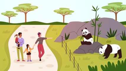 Family in zoo. Parents with children near pandas enclosure. Visitors on excursion. People spending time together on weekend. Mother and father with kids looking at animals. Vector concept