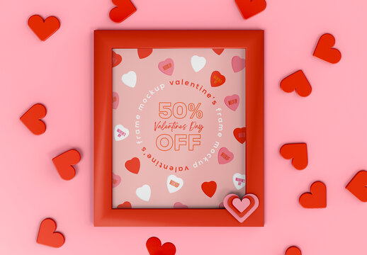 3D Valentine's Day Frame Mockup with Heart Decorations