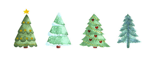 Set of watercolor drawn christmas trees