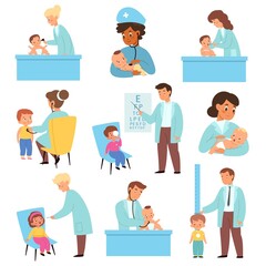 Pediatric baby examination. Kids healthcare. Children at doctors appointment. Physician or nurse with stethoscope conduct checkup. Pediatrician consultation. Vector medical procedures set