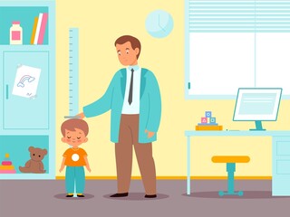 Child in pediatrics office. Doctor measures boy height. Scheduled medical examination. Pediatrician consultation. Kid at physicians appointment. Preventive treatment. Vector concept