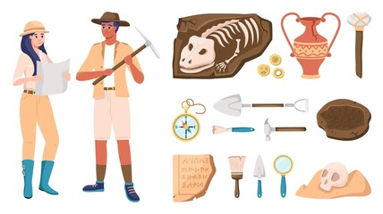 Cartoon archeology. Ancient artifacts and extinct animal fossils. Archaeologists and tools. Spatulas and compass. Brushes or spatulas. Vases and skull. Vector excavation elements set - obrazy, fototapety, plakaty
