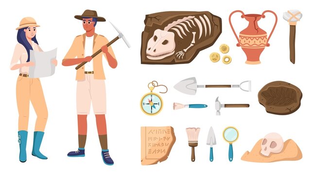 Cartoon archeology. Ancient artifacts and extinct animal fossils. Archaeologists and tools. Spatulas and compass. Brushes or spatulas. Vases and skull. Vector excavation elements set