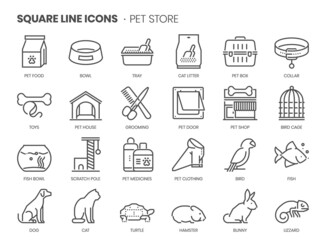 Pet store related, pixel perfect, editable stroke, up scalable square line vector icon set.