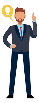 Man with raised funger and light bulb sign. Businessman having idea or solution