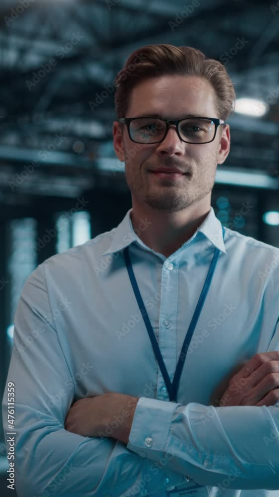 Aufkleber vertical screen. data center portrait of smiling chief technology officer wearing glasses walks into