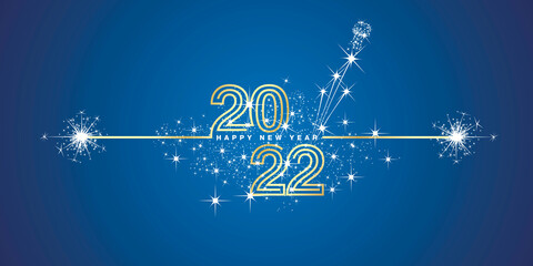 Happy New Year 2022 eve golden triple line design loading sparkle firework champagne open white blue vector wallpaper greeting card