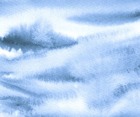 Watercolor background. Winter snowy abstract blue landscape. Hand painted texture. Forest, tree, snow, sky. Textured wallpaper. Watercolor or ink on white paper.