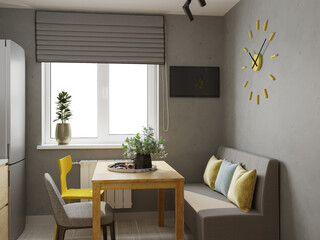 Loft-style small kitchen design with grey walls and sofa 3d render
