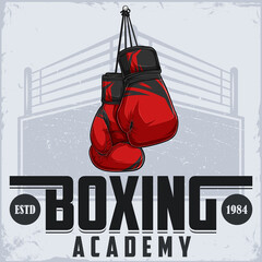 Vintage Boxing academy, clubs and competitions poster with boxing gloves and the arena behind
